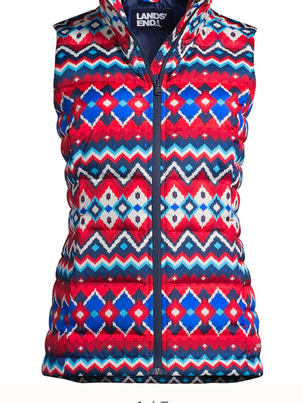 Lands' End Down Puffer vest Ivory chevron Fair Isle size XL/p18 full zip NWOT